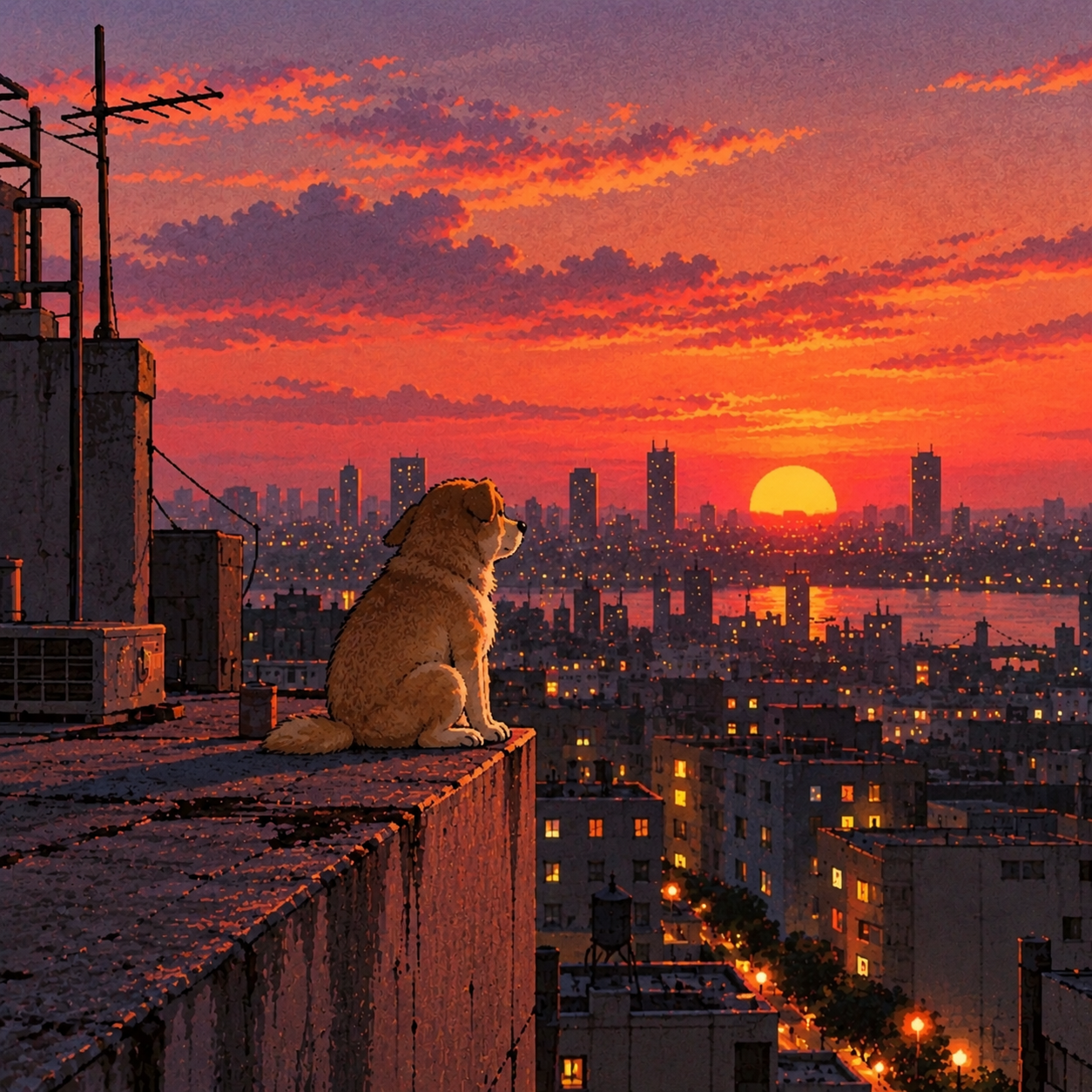 A fluffy dog watching a sunset from a rooftop
