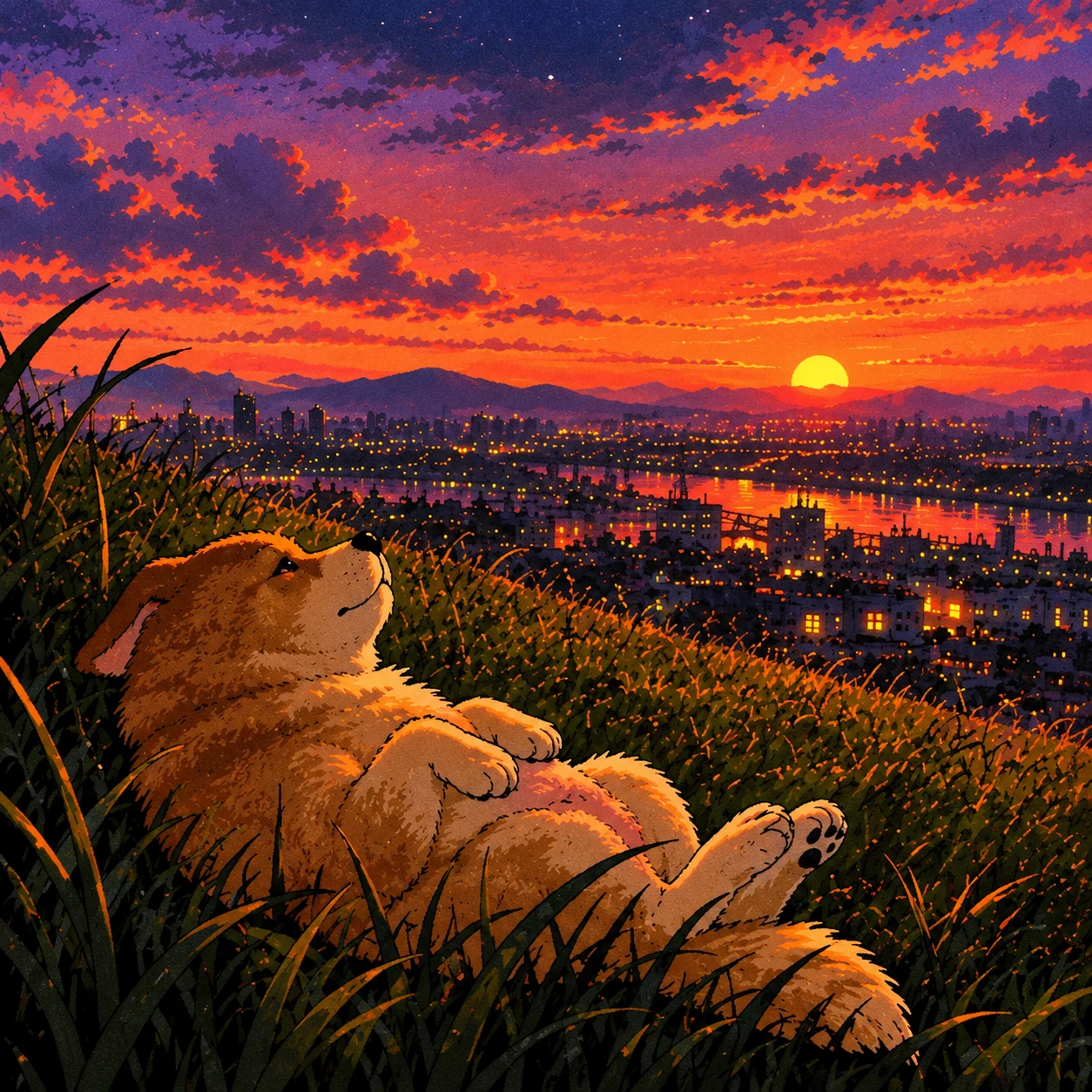 Daydream lying in grass above the sunset city