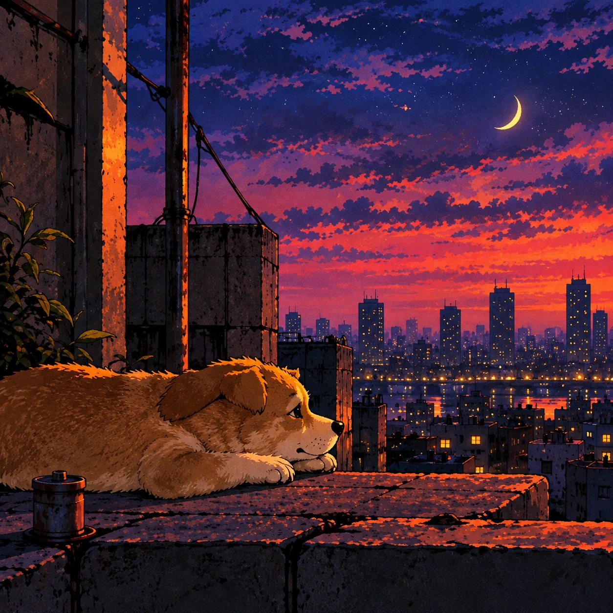 Daydream resting on the rooftop under the crescent moon